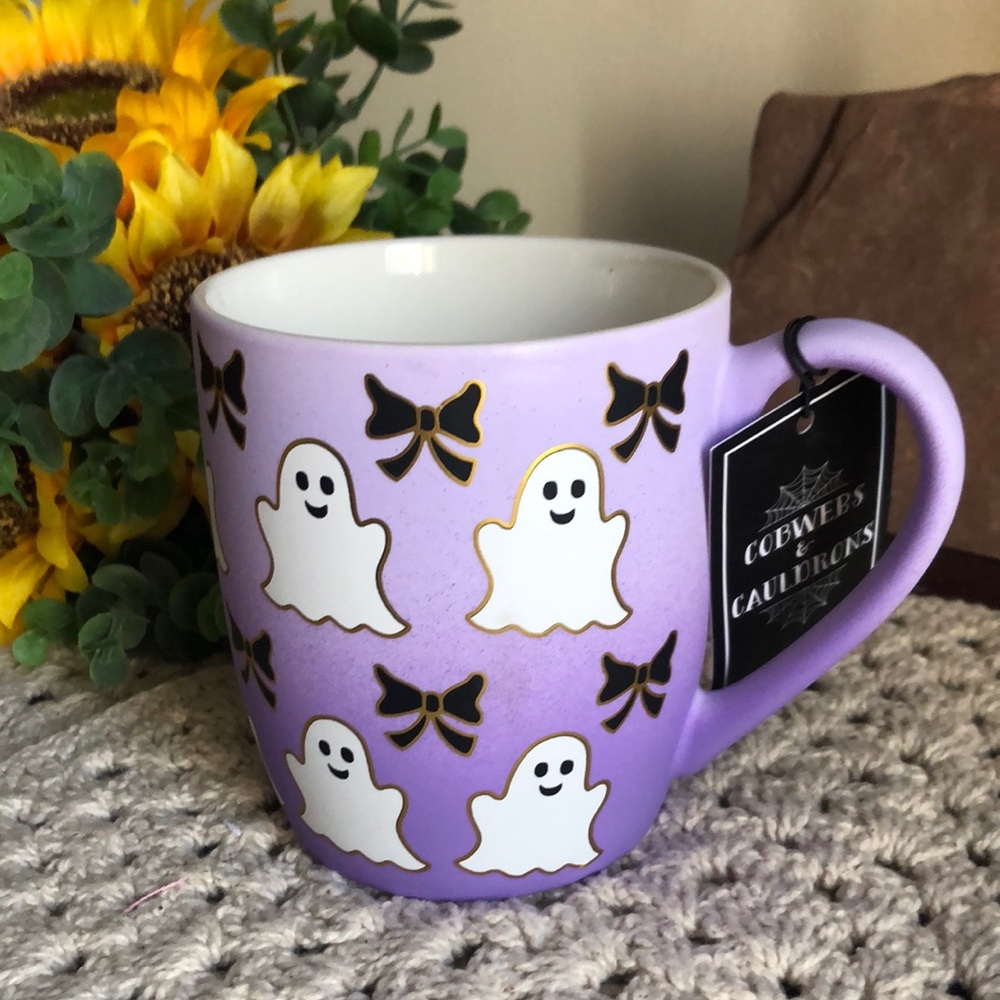 Cobwebs & Cauldrons PURPLE Coffee Mug with Ghosts & Bows